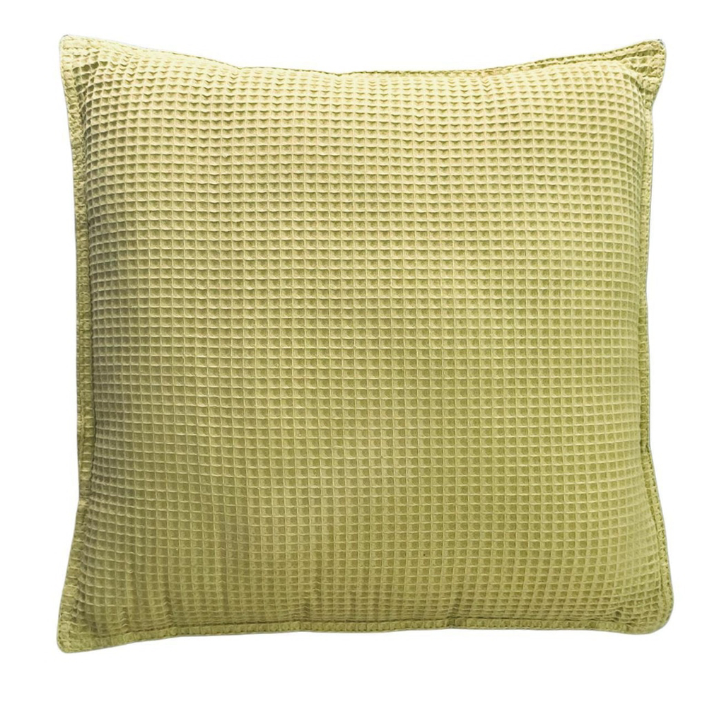 Green accent throw pillow with geometric grid textured fabric